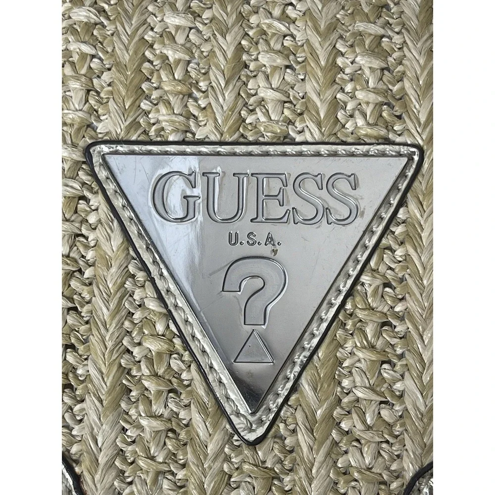 Vtg Y2K Style Guess Baguette Straw Purse Metallic Silver Snake Skin Trim 90s